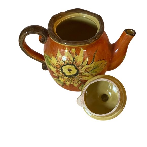 Maxera Teapot Orange Rooster Sunflower Ruffled Hand Painted Pottery Retired - Picture 9 of 10